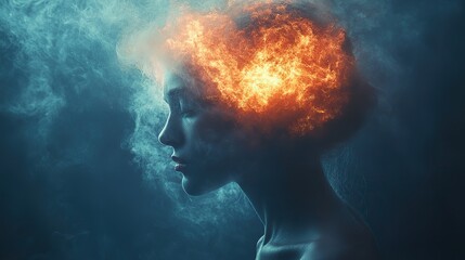 Wall Mural - person's head silhouette explodes, symbolizing mental overload and anxiety.