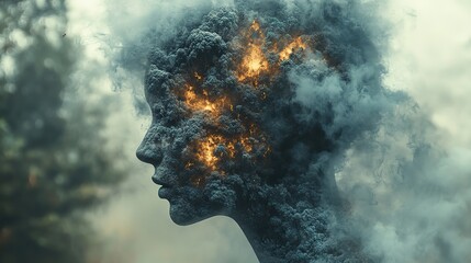 Wall Mural - person's head silhouette shatters, symbolizing mental overload and chaos.