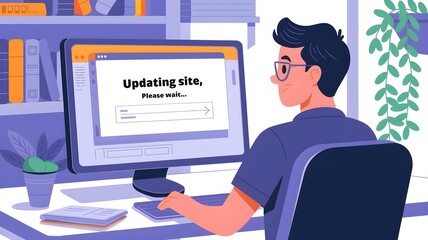 of a man seen from behind, sitting in front of a computer in a workspace. He wears glasses and a dark blue t-shirt. A message appears on the computer screen that reads 