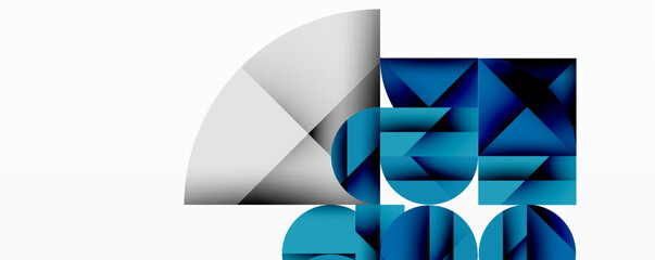 Fototapete - Abstract geometric design with intersecting circles, triangles, squares and sharp angles creating a layered composition with gradients, depth, and contrast