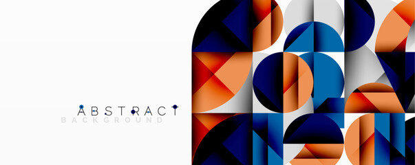 Fototapete - Abstract geometric artwork with overlapping circles and gradients, circle square triangle shapes background featuring sharp angular cuts, smooth shading, and structured layered composition