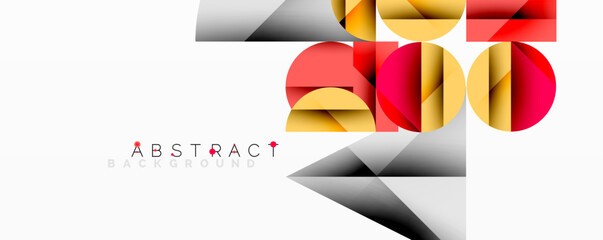 Fototapete - Abstract geometric design with intersecting circles, triangles, squares and sharp angles creating a layered composition with gradients, depth, and contrast
