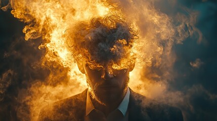 Wall Mural - Smoke from a businessman's head symbolizes stress, burnout, and mental health challenges in the workplace.