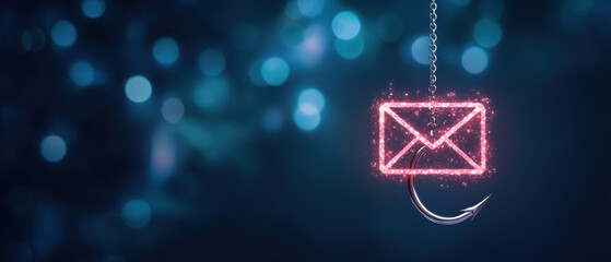metallic fishing hook with glowing pink email icon symbolizes concept of phishing in digital environment, evoking sense of caution and awareness