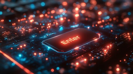 Wall Mural - futuristic enter key glows on complex circuit board, a symbolic gateway to digital realms.