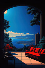 Wall Mural - A red couch is in front of a window with a view of the ocean