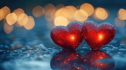 Two shiny red hearts rest on a reflective surface with a magical bokeh background, creating romance for love celebrations.