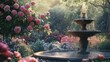 © Hijrah - Serene garden scene with a stone fountain surrounded by roses and plants.