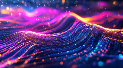 Abstract glowing lines creating a wavy pattern with pink and blue hues and bokeh effects in the background