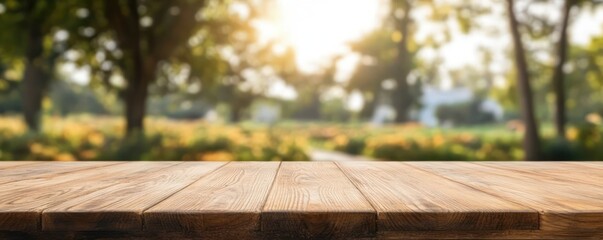 Poster - Wooden Tabletop with Blurred Countryside Scene and Green Trees in Background for Display or Product Montage
