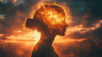 Wall Mural - woman's head silhouette explodes, representing stress and burnout at sunset.