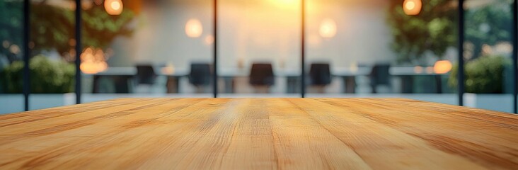 Poster - Panoramic Wooden Table in Modern Classroom with Blurred Background for Education and Study Space