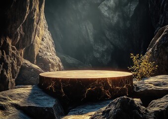 Poster - Cave Podium Display Platform with Golden Light on Rugged Rock Landscape