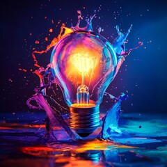 Fototapete - A Bright Idea: Light Bulb Bursting with Colorful Splashes, Illuminated in a Vibrant, Creative Display.