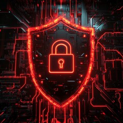 Fototapete - Cybersecurity Shield: Glowing Red Padlock Symbol on Dark, Intricate Circuit Board Illustrating Digital Data Protection.