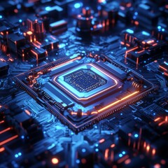 Aufkleber - Futuristic Microchip: A Glimpse into Advanced Technology with Glowing Circuitry and Complex Interconnections