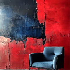 Poster - Modern Studio with Contrasting Textures: Blue Velvet Armchair Against Red and Blue Abstract Wall Art