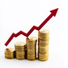 Poster - Rising Financial Growth: Stacks of Golden Coins with a Red Arrow Symbolizing Positive Returns and Increased Profits