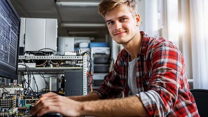Tech Enthusiast at Work: A young man, immersed in the world of technology, is engrossed in his computer setup, working diligently in a brightly lit office space. 