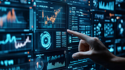 Hand interacting with multiple digital screens displaying data and graphs in a futuristic setting