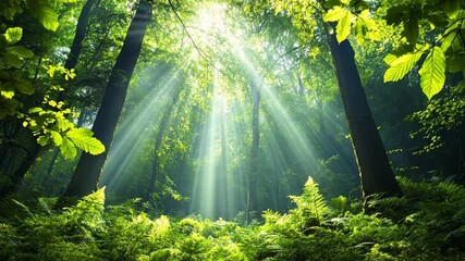 Wall Mural - Sunlight filtering through a lush green forest canopy
