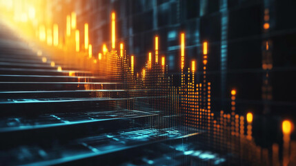 Abstract technology background featuring illuminated steps and a digital graphic display