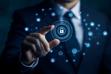 Businessman touching icon and utilizing advanced access management systems to enhance security protocols, streamline user permissions, ensure data privacy, maintain compliance with industry standards