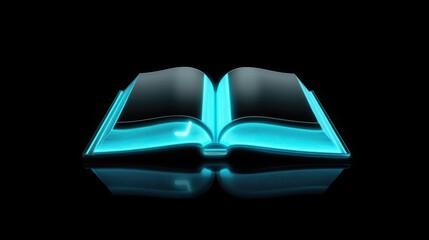 Wall Mural - open book glowing cyan light on black background