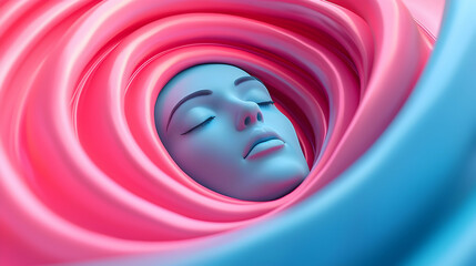 Wall Mural - surreal digital portrait of a woman's face immersed in swirling pink and blue neon waves