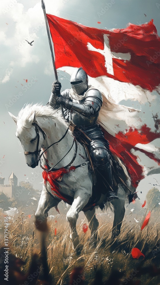St. George's Day Knight in shining armor on white horse wields red flag ...