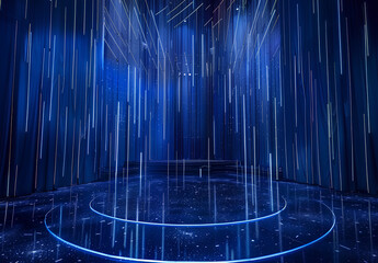 Wall Mural - abstract blue background with glowing lines and stars on the floor, blue abstract stage design with 