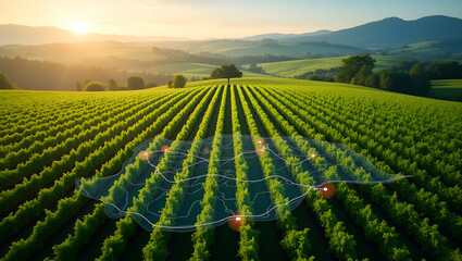 explore a photo realistic top view of a vineyard with gps mapping overlay, showcasing gps guided vit