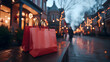 © Kang - Red Shopping Bags on Bench Festive City Street at Night
