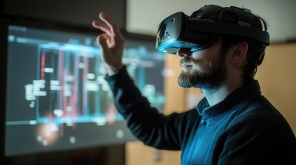 cybersecurity coder working in an augmented reality environment, visualizing encryption algorithms and intrusion prevention