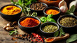 © Jhati - A rustic display of various spices and herbs in small bowls on a wooden surface with fresh herbs