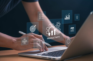 Poster - Boosting Productivity with AI and Automation Tools. hands using laptop with tech icons showing goals, schedules, and innovation, symbolizing data driven success and efficient workflow strategies