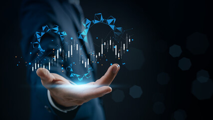 Poster - Automation and Data Analytics for Business Productivity. Businessman holding digital gears and rising financial charts, symbolizing data analytics, business growth, and system performance improvement