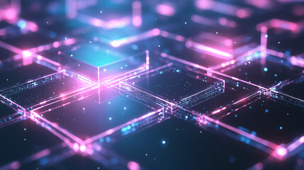 Canvas Print - abstract digital circuit: an eye-level shot highlighting the digital grid with its neon blue and pin