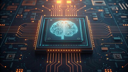 Poster - artificial intelligence cpu microchip with brain circuitry design technology concept