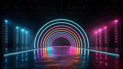 Wall Mural - vibrant neon rainbow archway in dark industrial setting futuristic colorful stage design