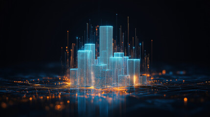 Wall Mural - digital cityscape: an abstract, futuristic cityscape pulses with energy, composed of glowing lines a