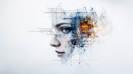 Poster - Monochromatic artistry of a human face digital realm conceptual artwork abstract design close-up inspiring perspective