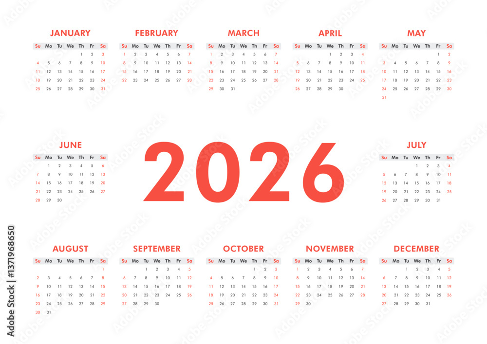 Vector modern classic calendar for 2026 year. Week starts on Sunday ...