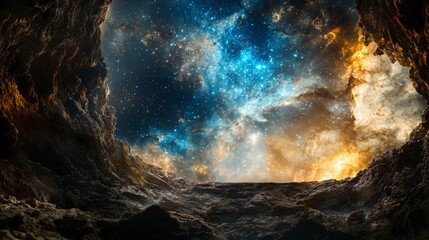 Aufkleber - Exploring spiritual growth within a cosmic cave universe among stars digital art mystical environment low angle view