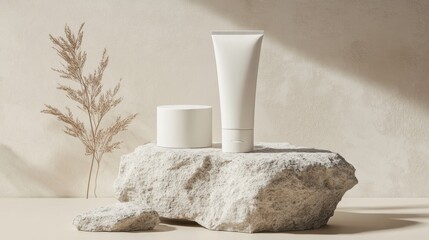Wall Mural - A refined product mockup showing a white skincare tube and matching packaging box on a stone, with the light beige background creating a serene vibe.