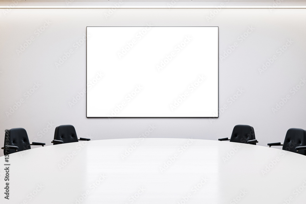 Modern conference room interior with empty white poster frame on wall ...