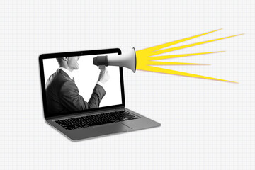 Wall Mural - businessman shouting through megaphone from laptop screen with yellow sound rays on light grid backg