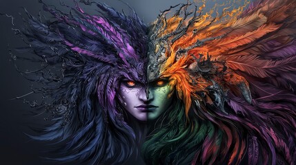 Poster - Duality of nature fantasy art of two faces digital canvas dark environment surreal viewpoint emotion concept
