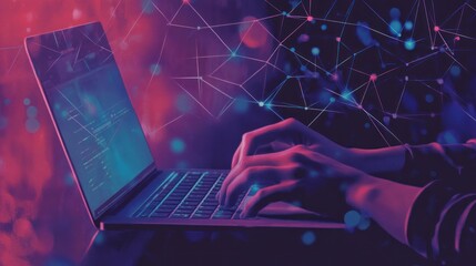A person works on a laptop, surrounded by network graphic elements