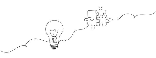 Continuous one line Business illustration Concept Planning Idea light bulb and jigsaw puzzle with transparent background editable stroke.